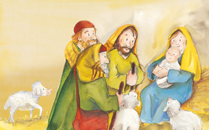 Das Bild zeigt Maria und Josef mit Jesus umgeben von Schafen und Hirten