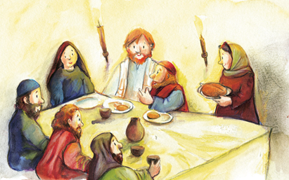 Quelle: Don Bosco Medien Das Bild zeigt Zachäus am Tisch mit Jesus